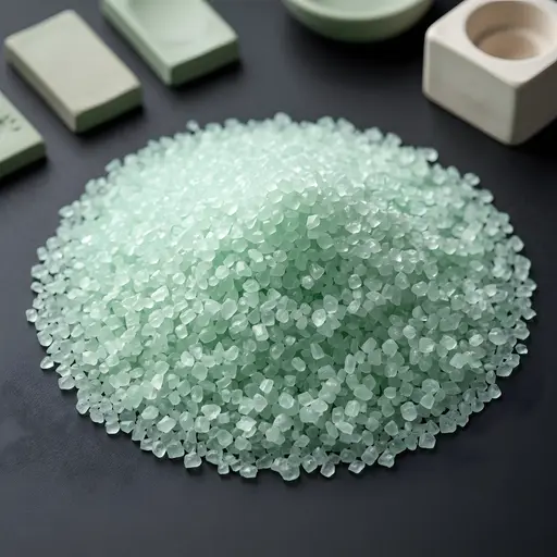 A heap of pale green ceramic-grade sodium silicate granules beside unfired ceramic tiles.