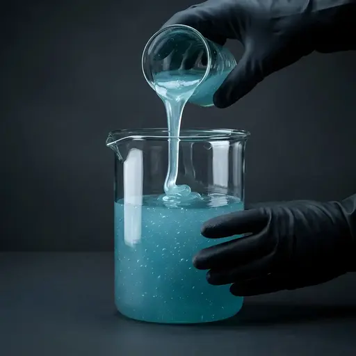 Clear, viscous sodium silicate gum poured from one glass beaker into another by a gloved hand.