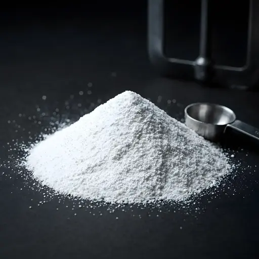 A mound of white powdered sodium silicate beside a steel measuring scoop.