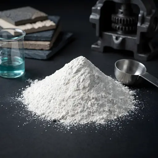 A mound of fine white silica powder beside a measuring scoop, a glass beaker and stacked stone tiles.